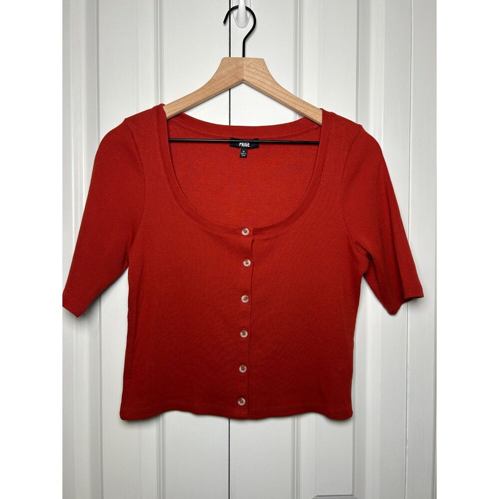 PAIGE Red Ribbed Short Sleeve Button Front Top Crop Cardigan M